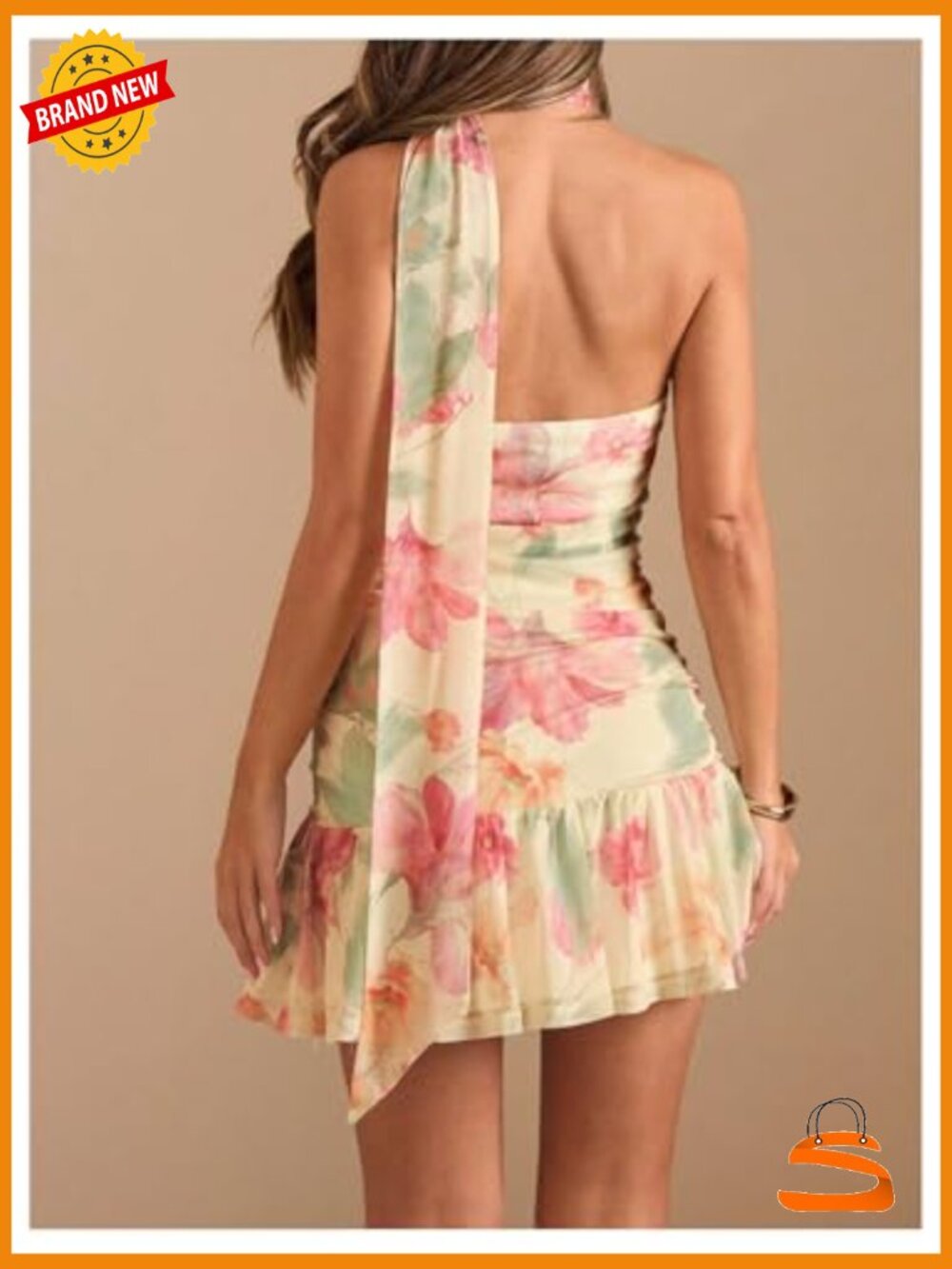 Sleeveless Halter Short Dress Bodycon Ruffle with Scarf - Picture 2 of 5
